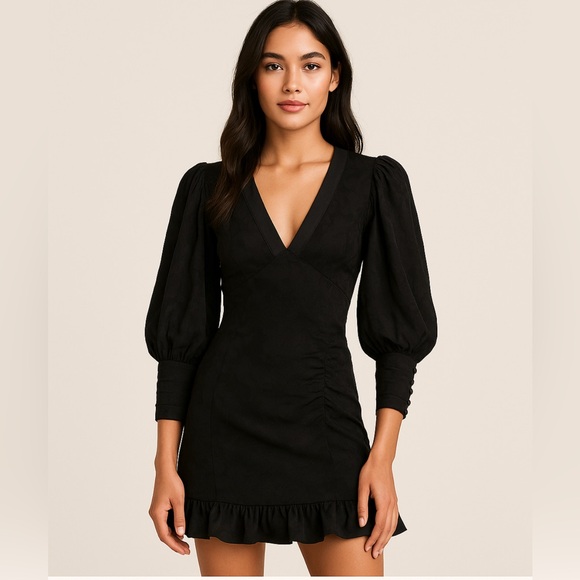 LoveShackFancy Dresses & Skirts - LoveShackFancy Black Jacquard Puff Sleeve Mini Dress XS Satin Ruffle Hem NWT